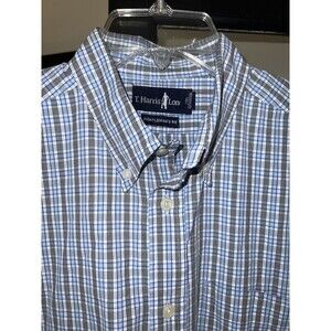 T. Harris Plaid Shirt Men's Large L Blue Short Sleeve Gentleman's Fit EUC